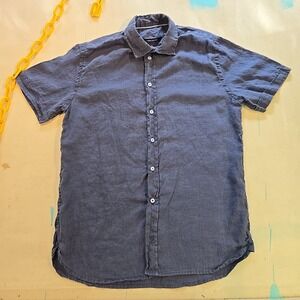 Giasso Linen Culture S Button-Up T Shirt Navy Short Sleeve Fit 100% Linen Summer